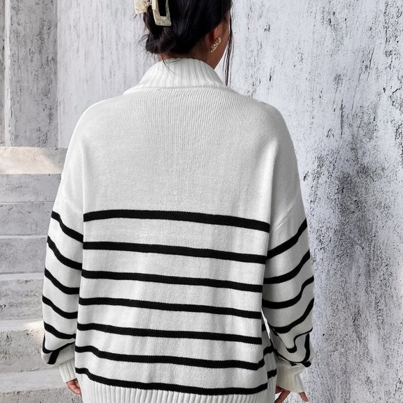 White Casual Womens Stripe Pattern Half Zipper Drop Shoulder Sweater - Picture 2 of 5